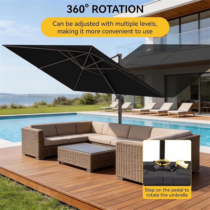 9x12 FT Cantilever Patio Umbrella with Base, Large Rectangular Offset Outdoor Umbrella with 360° Rotation, Heavy Duty Shade Umbrella for Garden Backyard Deck Poolside Courtyard, Black