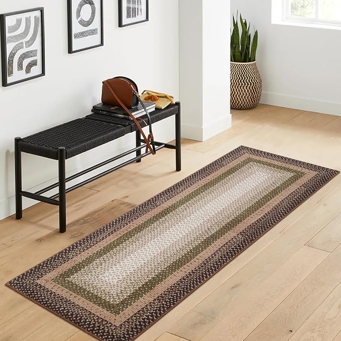 RUGSREAL Hallway Runner Rug 2x6 Braided Machine Washable Kitchen Rugs | Low Pile Farmhouse Runner Non Slip Stain Resistant Rustic Runners Modern Printed Carpet for Living Room Bedroom, Moss/Brown
