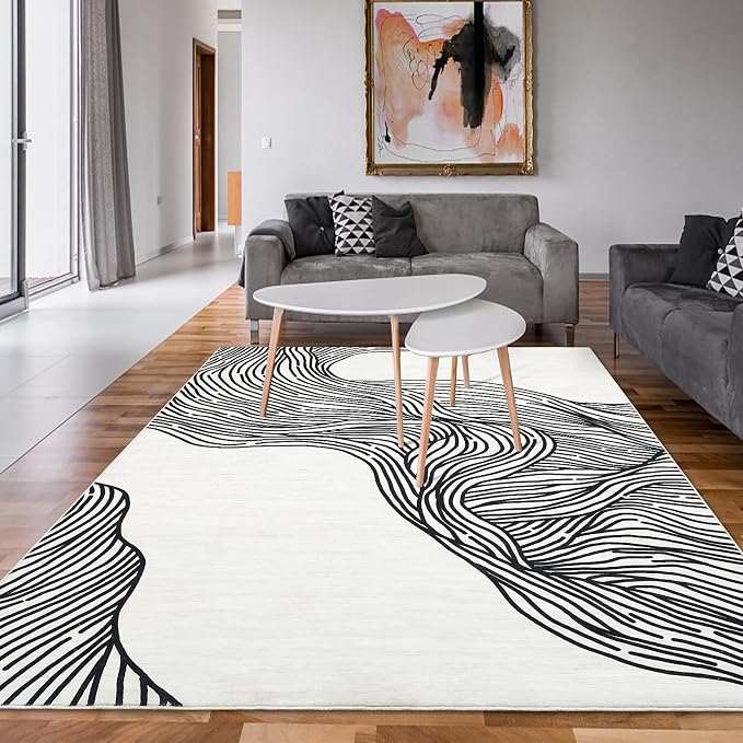 GAOMON 5x7 Area Rugs Washable Rug Non Slip Modern Rug Soft Faux Wool Carpet Indoor Contemporary Stripes Rugs Non Shedding Black White Print Carpet for Bedroom Living Room Dining Room Office Cream