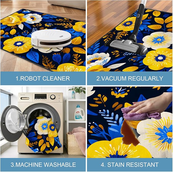 Navy Blue Yellow Floral 2x3 Entry Rug,Washable Small Rugs for Entryway Kitchen Bathroom Door Mat Indoor Entrance,Non Slip Rubber Backing, Stain & Fade Resistant, Vibrant Boho Decor