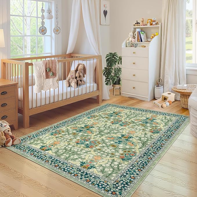 GarveeHome 4x6 Washable Area Rug for Living Room, Floral Large Entryway Kitchen Rug Non Slip, Ultra Soft Stain Resistance Carpet for Bedroom Laundry Room, Sage Green