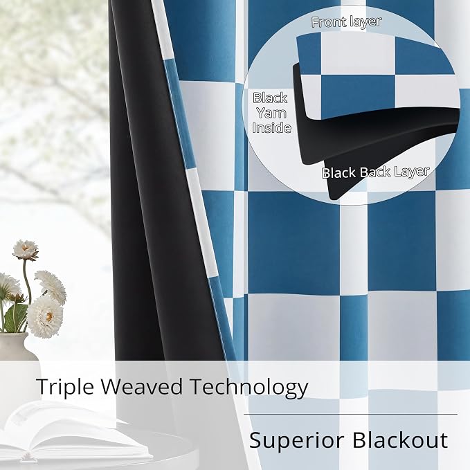 100% Blackout Checkered Curtains – 2 Panels, Each W52×L63, Thermal Insulated, Nosie Reducing for Bedroom, Modern Ocean Blue and White Checkerboard Design