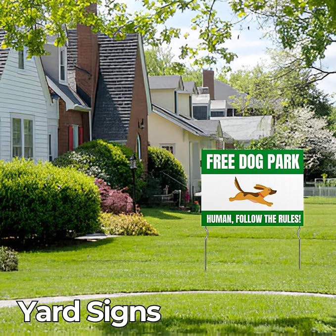 Free Dog Park – Humans, Follow the Rules! Yard Sign by DC | 24"x18" Double Sided Pets Garden Sign with 13” Metal Stakes | Outdoor Signs Waterproof for Lawn, Patio, Sidewalk & House | Set of 2