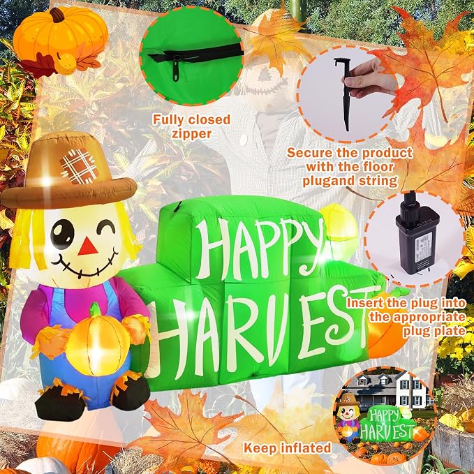 8FT Long Fall Inflatables Outdoor Decorations, Inflatable Scarecrow and Road Sign Pumpkin, Built-in LED Fall Autumn Harvest Thanksgiving Inflatables Blow Ups for Outside Yard Garden Lawn