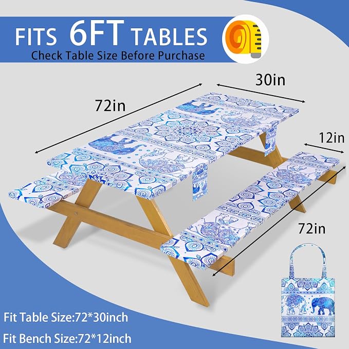 Fitted Waterproof Picnic Table Cover with Bench Covers Heavy Duty Elastic Outdoor Camping Tablecloth for 6 Foot Rectangle Tables Summer Rv Accessories Patio Garden Road Trip Essentials Gifts