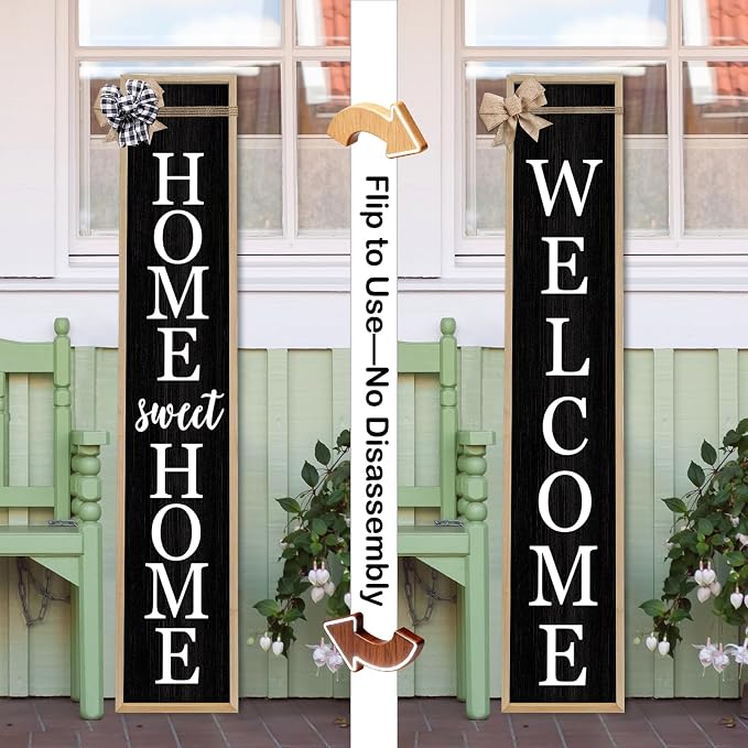 Outdoor 2in1 Welcome Sign for Front Door Home Sweet Home Sign for Farmhouse Tall Outdoor Front Porch Standing 2 Sided 45"X9" Large Vertical Leaner Rustic Outside Decor (Wood Black)