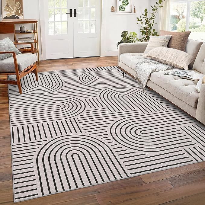 ROYHOME Modern Washable Rug Rainbow 8x10 Area Rugs for Living Room Non Slip | Abstract Rug for Bedroom, Throw Rugs with Rubber Back, Low Pile Stain Resistant Geometric Carpet for Dining Room, Light Camel