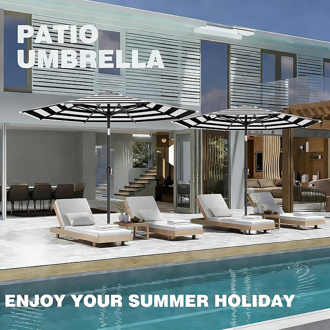 AreShark 9 FT Patio Umbrella for Outdoor, Outdoor Table Umbrella with Push Button Tilt and Crank, Outdoor Patio Umbrellas with 8 Sturdy Ribs for Market, Garden, Pool (Black & White Stripe)