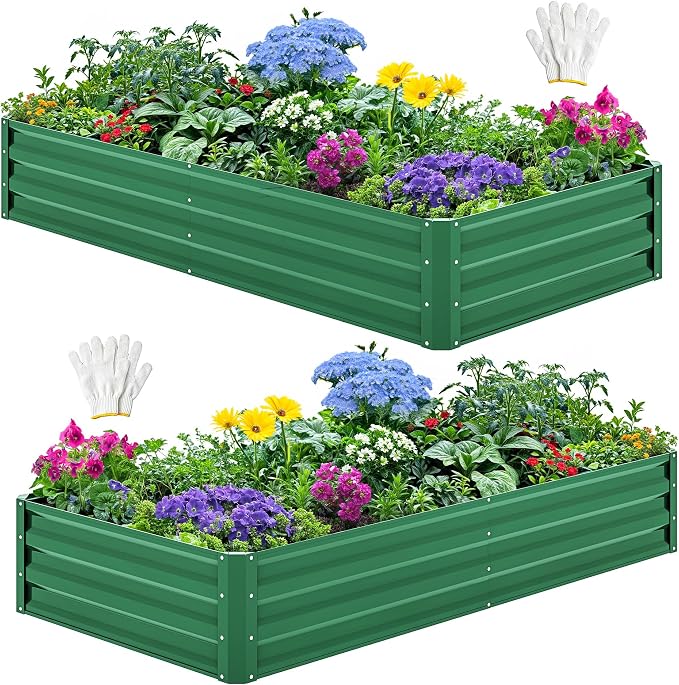 YITAHOME 2pcs 6x3x1ft Galvanized Raised Garden Bed, Metal Planter Box with Safety Rubber, Gloves, Outdoor Flower Bed for Planting Plants Vegetables, Green