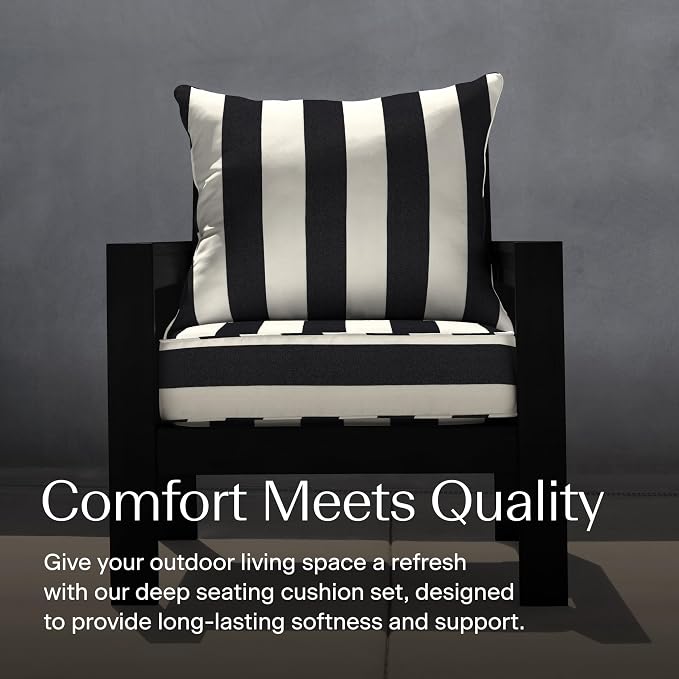 Honeycomb Outdoor Heritage Deep Seat, 24 x 23, Cabana Stripe Black and Ivory Chair Cushion with Removable Cover, for Patio Furniture