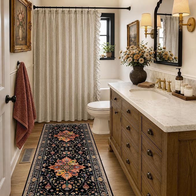 RELEANY Washable Area Rug, Runner 2'x6', Black/Colorful | Non-Slip, Water Repellent, Pet Friendly, Easy to Clean, Vintage Floral Boho Decor for Kitchen Entry Bedroom Bedside Laundry