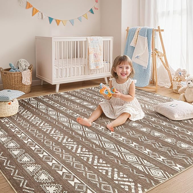 kakania Washable 8x10 Area Rug for Living Room: Boho Geometry Home Decor | Soft Stain Resistant, Low-Pile, Non-Slip, Pet & Kid Friendly, Thin Rug for Bedroom/Dining Room/Kids Dorm - Dark Brown