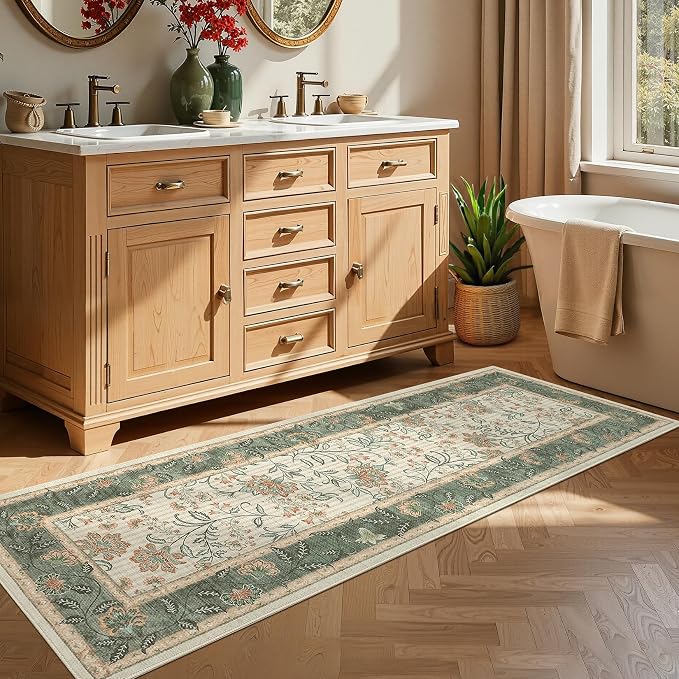 GarveeHome 2x6 Washable Runner Rug Sage Green Non Slip Kitchen Runner | Hallway Soft Botanical Floral Farmhouse Laundry Mat Stain Resistant Carpet for Bedroom Bathroom Bedside Rug