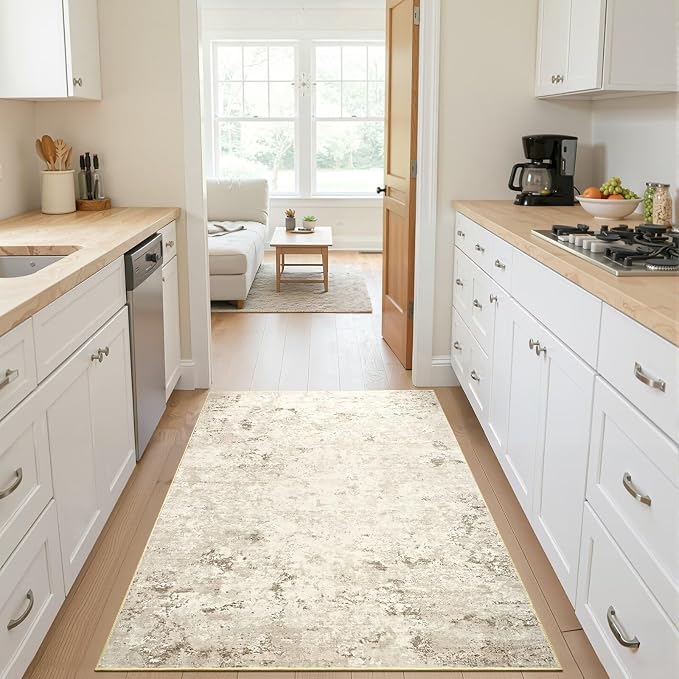 Toneed 3x5 Washable Non Slip Abstract Area Rugs for Bedroom Living Room | Soft Modern Low Pile Rug for Kitchen Hallway Office,Indoor Carpet for Kids Nursery Home Decor, Beige