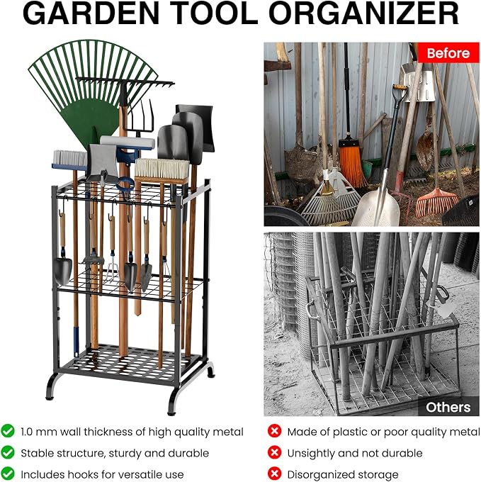 RANXFLOAT Garden Tool Organizer with Storage Hooks, Yard Tool Tower Rack for Garage Organization and Storage, Up to 35 Long-Handled Tools, Metal Tool Holder with 6 Hooks, Black
