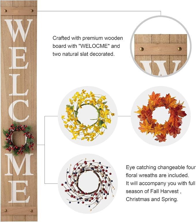 Glitzhome 60”H Welcome Sign with 4 Interchangeable Floral Wreaths for Front Door Porch Farmhouse Wooden Hanging Wall Sign for Seasons Spring Fall Harvest Thanksgiving Christmas