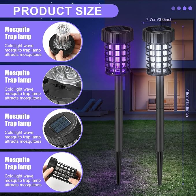 Qualirey 4 Pack Solar Bug Zapper Outdoor Waterproof Mosquito Repellent Killer Bug Zapper Lamp with LED Light for Outdoor Garden Patio Yard (Purple and White Light,Black)