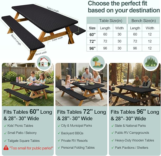 Play Tailor Picnic Table Cover with Bench Covers Camping Essentials Waterproof Windproof Camping Tablecloth with Drawstring Bag, Fitted Rectangle Tables and Seats, 72in, Black