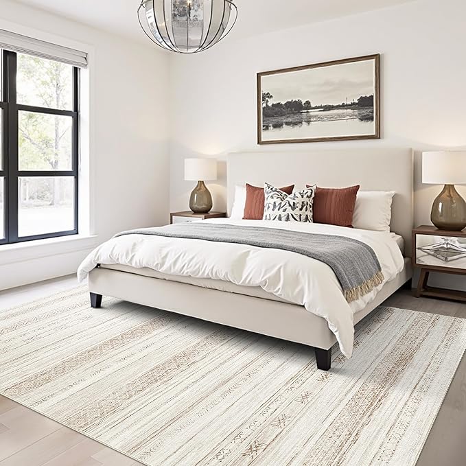 Boraya Area Rugs for Living Room: 9x12 Washable Boho Rug for Bedroom Large Neutral Bohemian Moroccan Farmhouse Geometric Dining Room Rugs Ultra Soft Floor Carpet Indoor for Home Office - Brown Beige