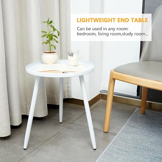 Linpla End/Side Tables - Small Round Accent Table, Metal White Narrow Night Stands with 3 Legs, Ideal for Any Room-Side Tables Living Room, Bedroom, Plant Stand Balcony, Indoor & Outdoor