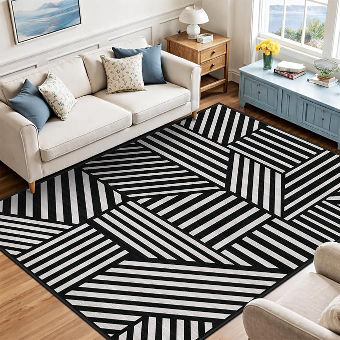 5x7 Black and White Geometric Stripe Area Rug for Living Room Bedroom Abstract Modern Large Rug Machine Washable Non-Slip Carpet for Dining Room Office