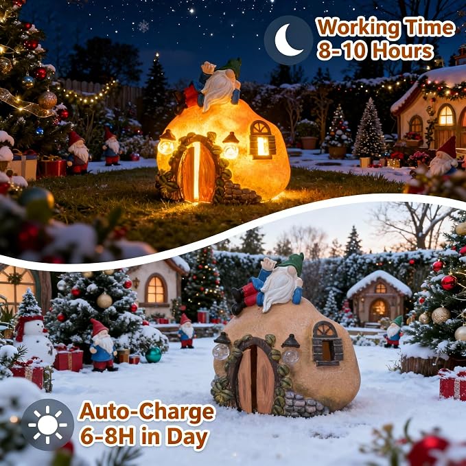 Garden Gnomes Fairy Houses Decorations Solar Statues, Outdoor LED Lights Waterproof Ornaments for Backyard Patio Lawn, Christmas Mother's Day Housewarming Gifts for Women