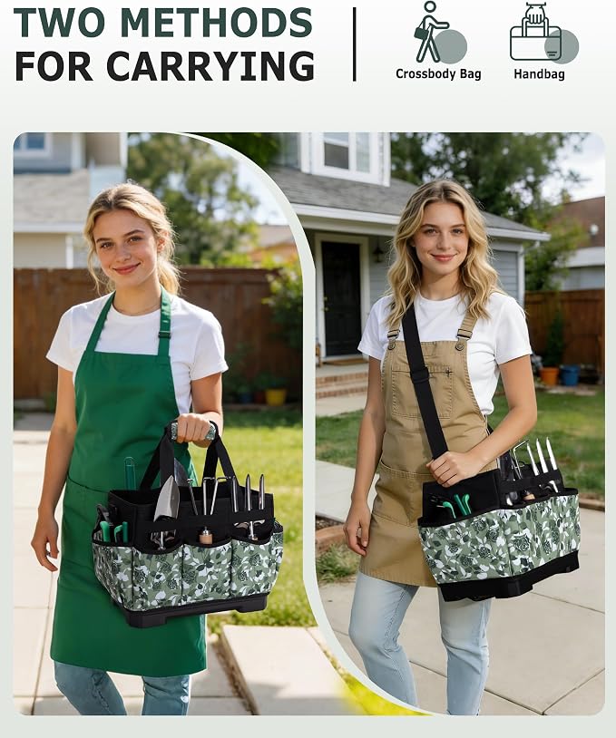 Marscamd Garden Tool Bag with Hard Bottom, Garden Tote with Shoulder Strap and Multiple Pockets (No Accessories Included), Green Rose
