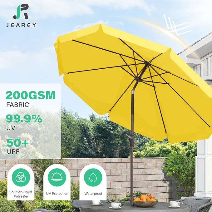 JEAREY 9 FT Patio Umbrella Outdoor, Table Umbrellas Market Umbrella w/Push Button Tilt/Crank, 8 Sturdy Ribs(Yellow)