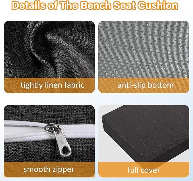 40x12x2 Linen Bench Cushion, Strengthen Breathable Indoor Seat Cushions, High-Density Bench Pad with Anti-Slip Bottom, Indoor Cushion for Bay Window Porch Furniture - Black