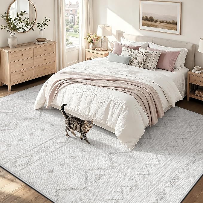 Zomfy 9x12 Area Rug Washable Rugs for Living Room(Grey, 9'x12') | Geometric Boho Modern Rugs Large Non Slip Soft Carpet Low Pile No Shedding Print Rug for Bedroom Dining Room Home Office