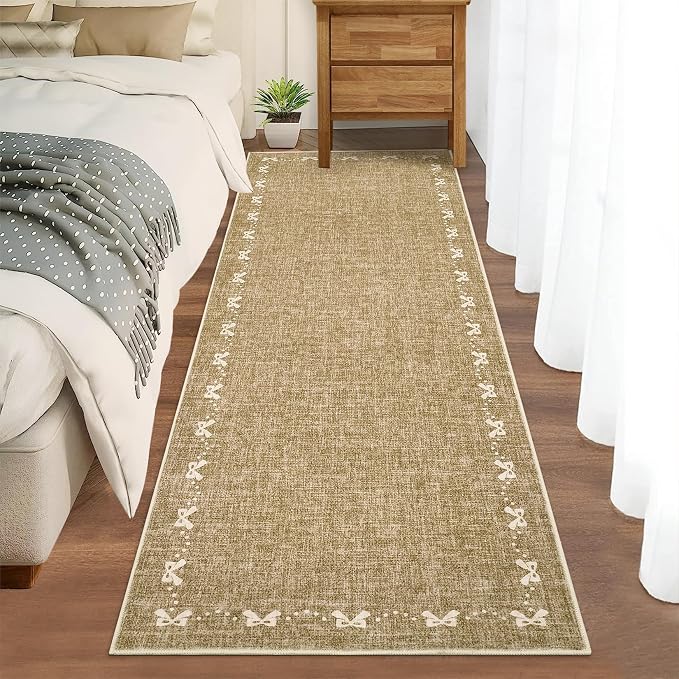 COZYLOOM 2x6 Kitchen Runner Rugs Non Skid Washable, Stain Resistant Modern Bow Printed Rug for Entryway Indoor, Non Shedding Low Pile Solid Color Mats for Hallway, Bedroom, Laundry Room, Brown