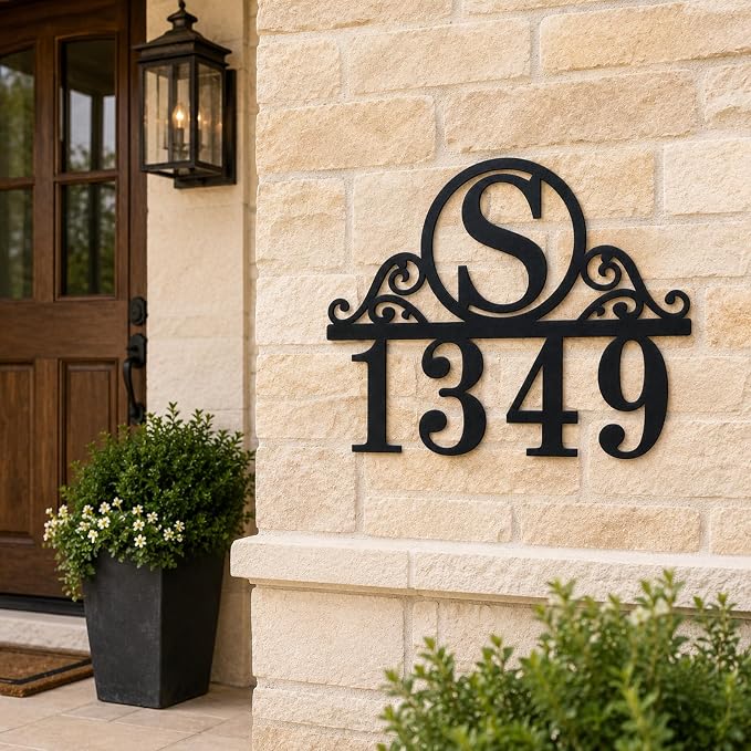Personalized Metal Address Sign Custom House Number Plaque with Monogram Initial Decorative Scroll Numbers for Outside Front Door Porch Entryway Garden Patio Yard Decor