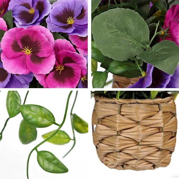 Briful Artificial Pansy Flowers in Baskets, 2PCS Realistic Fake Flowers for Farmhouse Table Decor, All Seasons Faux Indoor Flowers for Home Kitchen Living Room Dining Shelf Decor, Purplish-red