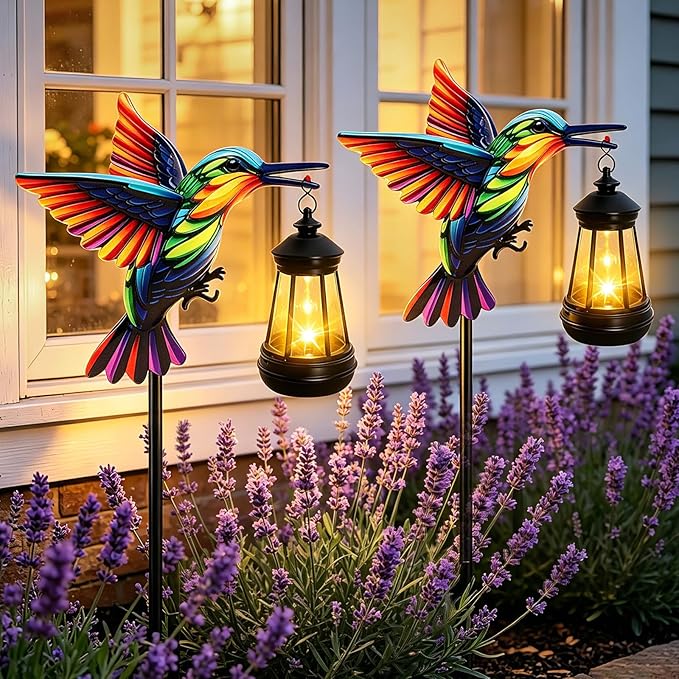 2 Pack Hummingbird Solar Garden lights Outdoor Waterproof, Gifts for Women Mom Grandma Daughter, Stake lights with Solar Lantern, Hanging Solar Lights, Solar Path Light Yard Outside Patio Garden Decor