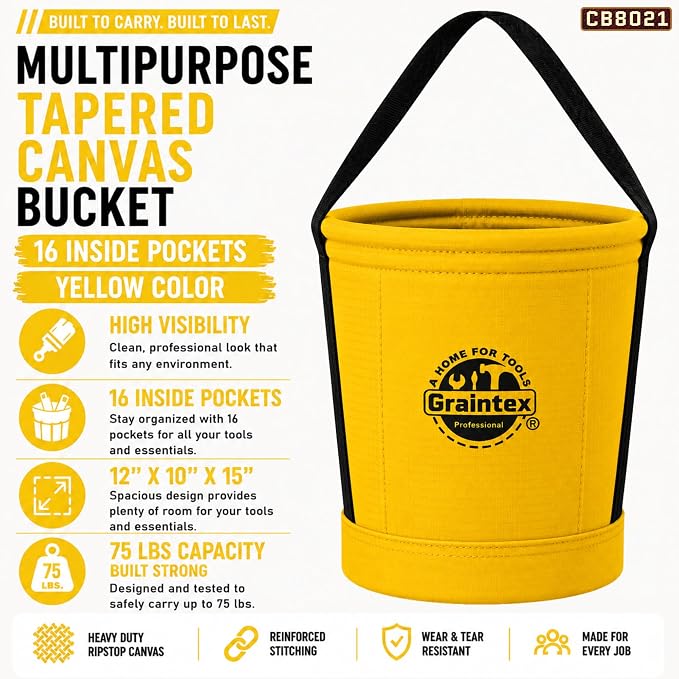 Graintex Tapered Canvas Bucket 12"x10"x15", Utility Tool Bucket 16 Inside Pockets, Reinforced Base & Carry Handle, Ripstop Canvas, Multi-Purpose Bag for Jobsite & Home Use for Tool Storage Solutions