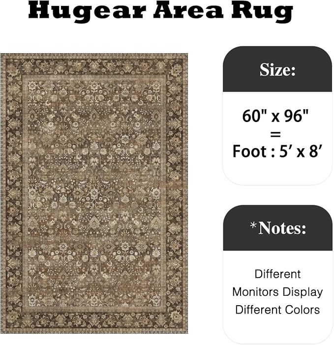 HUGEAR 5x8 Machine Washable Rugs Brown Hallway Area Rug Indoor Accent Rug Floral Low Pile Carpet Soft Throw Aesthetic Rug Bedroom Living Room Office Dining Room Kitchen Laundry Room Non Slip