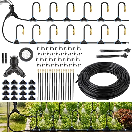 360° Adjustable Micro Drip Irrigation System, 16 Brass Sprinkler Heads & Bendable Stems, Automatic Watering Kit with 1/4" Tubing for Raised Bed, Lawn, Vegetable & Outdoor Plants (100ft)