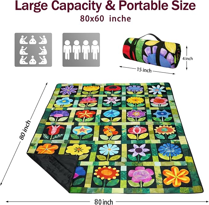 Picnic Blankets Beach Blanket 80" X 80" Extra Large Waterproof Camping Blankets Portable Outdoor Mat 3-Layer Blanket for Beach, Hiking, Park, Music Festival, Grass Lawn,Travel