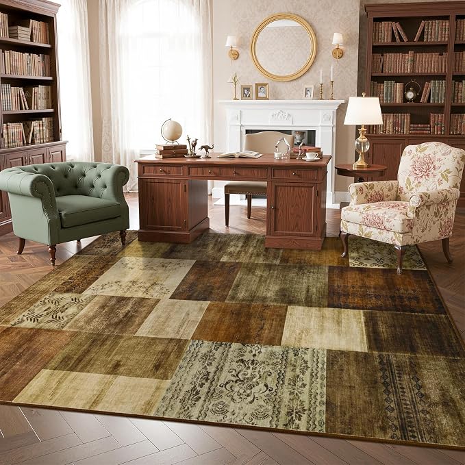 Washable Area Rugs 4x6 for Living Room, Modern Geometric Brown Soft Patchwork Carpet, Non-Slip Stain Resistant Throw Rug for Bedroom Dining Room Office Home Decor