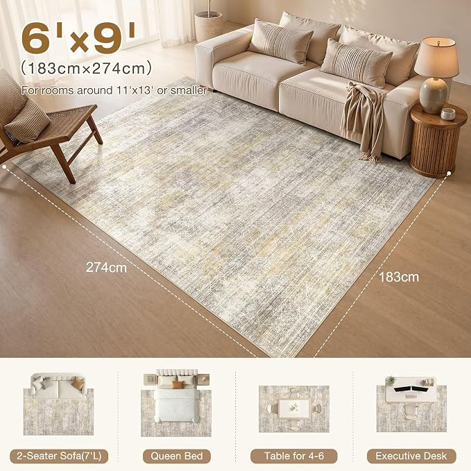 cotiled 6x9 Area Rugs for Living Room: Boho Washable Rug for Dining Room | Solve Modern Neutral Trendy Home Decor - Stain Resistan Indoor Soft Carpet for Bedroom Nursery Gold Brown