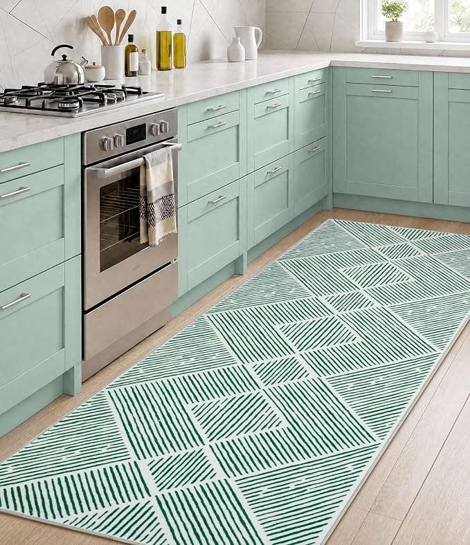 2‘x6' Washable Green Geometric Runner Rug for Kitchen Hallway | Non-Slip, Low Pile, Stain Resistant, Mid Century Modern Runner Long Rug for Entryway Bedroom