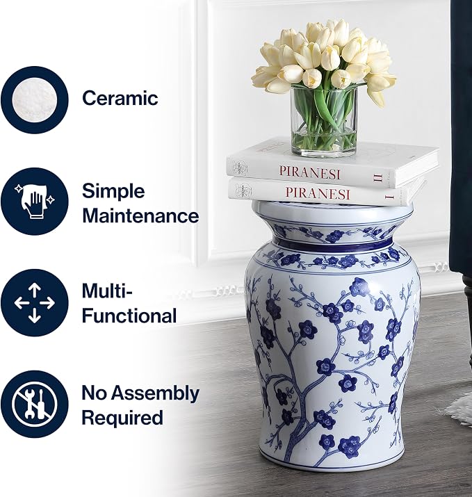 JONATHAN Y Cherry Blossom 18" Ceramic Chinoiserie Garden Stool, Traditional Floral Accent Side Table and Plant Stand for Indoor/Outdoor Garden, Patio, Living Room, Blue/White TBL1016A