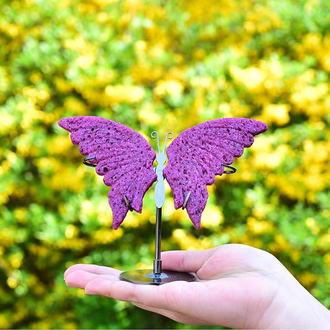 JIC Gem Red Corundum Quartz Crystals Butterfly Art Decorative Natural Rough Rocks Healing Crystal Carved Angel Wings with Display Decor Reiki Gifts (1pair, 10cm)