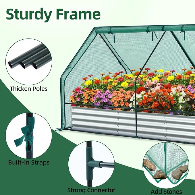Ohuhu Raised Garden Bed with Cover Outdoor, 8x4x1 FT Galvanized Metal Planter Box with PE Greenhouse Cover, 4 Doors for Ventilation, 3-in-1 Gardening Set for Vegetable Flower Herb Succulent