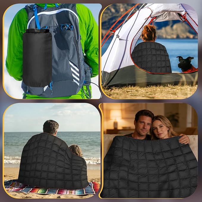 Outdoor Puffy Camping Blanket, Packable Outdoor Blanket Waterproof Down Alternative for Camping, Hiking, Backpacking, Traveling, Picnic, Beach, Lawn, Stadium (Black, 55 * 79'')