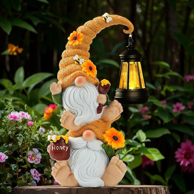Solar Bee Garden Gnomes with LED Lantern, 12.2-Inch Outdoor Statue | Hand-painted weather-resistant resin decor for patio, lawn, porch and yard; gift for women, moms, grandmas, bee lovers