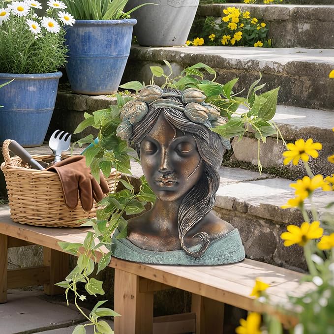 DiliComing Head Planter Face Plant Pots - 10 Inch Flower Pot Succulents Large Outdoor Planters Indoor with Drainage Resin Lady Bronze Statue for Garden Home Decor Porch Gift for Plant Lovers