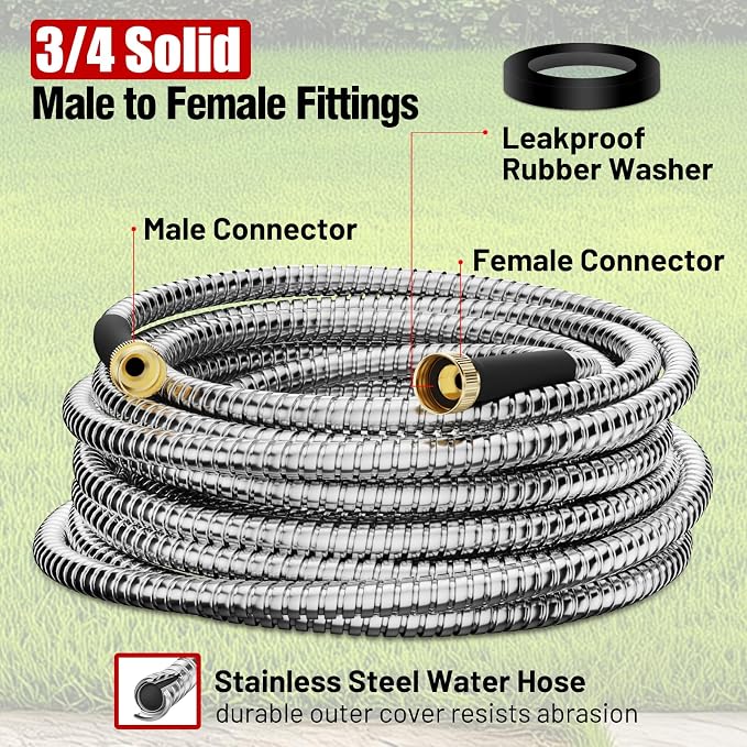 Beitopamz Garden Hose 50 ft, Stainless Steel Metal Water Hose with Nozzle, Flexible and Durable, Rust Proof, No-Kink, Heavy Duty, Leakproof 3/4'' Brass Fittings, Lightweight Hose for Patio, Lawn