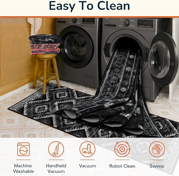 2'x3' Washable Samll Rug for Living Room Black | Western No Slip Low Pile Print Foldable Indoor Small Rug for Kitchen entryway doormat