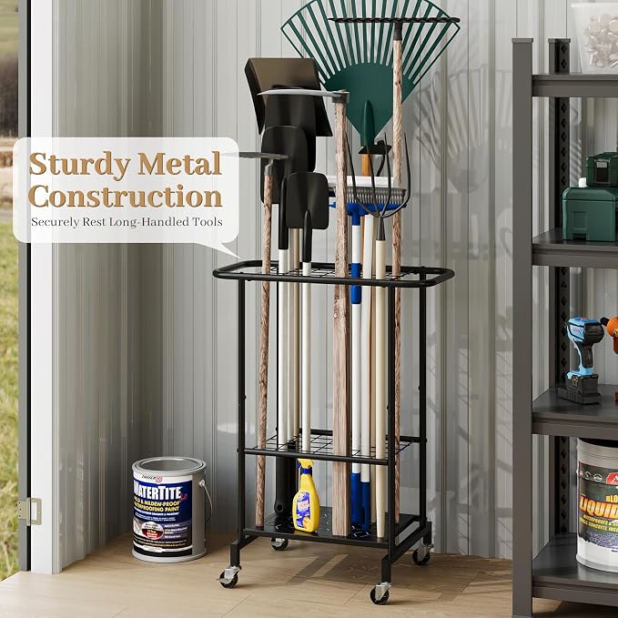 Garden Tool Organizer with Wheels, Heavy Duty Metal Garage Tool Storage Rack, Yard Tool Holder for Long-Handled Tools, Rakes and Brooms, Indoor and Outdoor Use for Shed, Patio
